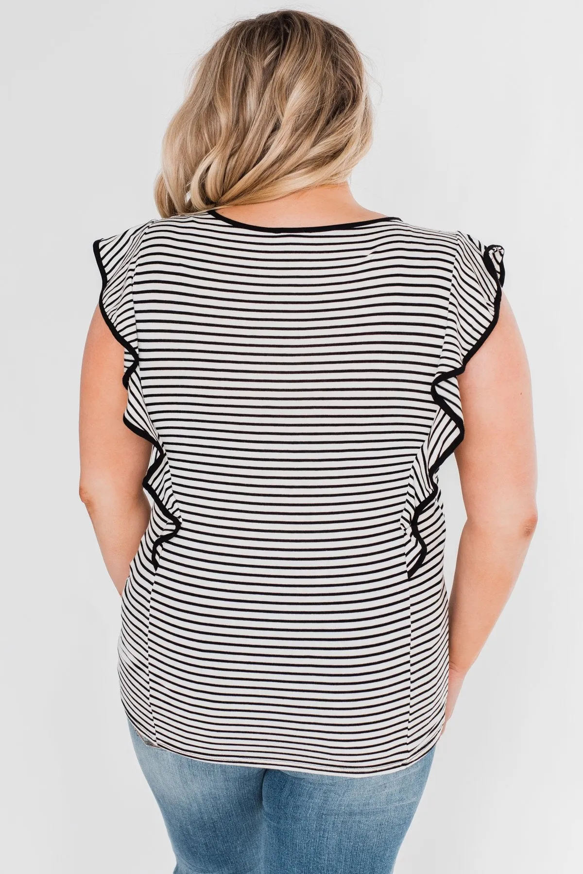 All The Good Things Striped Ruffle Top- Black & Ivory