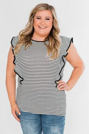 All The Good Things Striped Ruffle Top- Black & Ivory