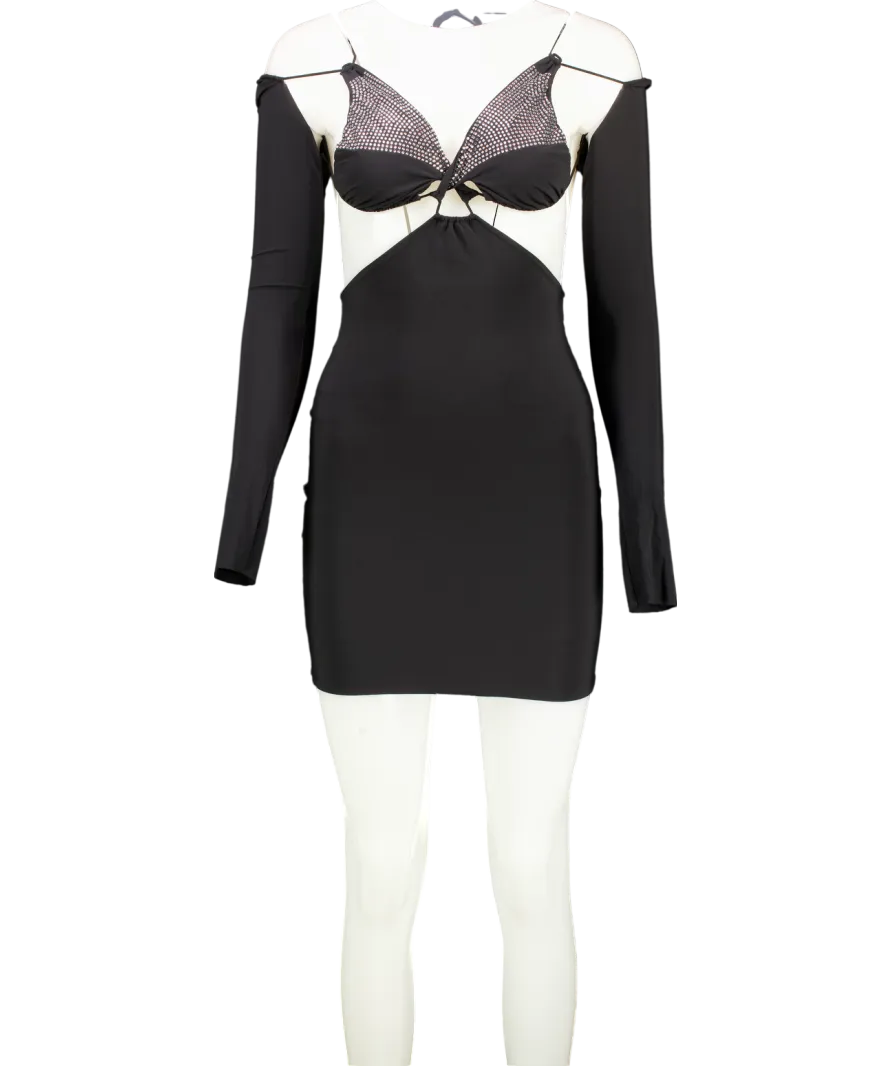 Amazuin Black Diamante Cut Out Long Sleeve Mini Dress One Size