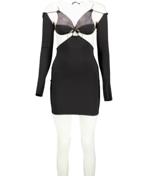 Amazuin Black Diamante Cut Out Long Sleeve Mini Dress One Size