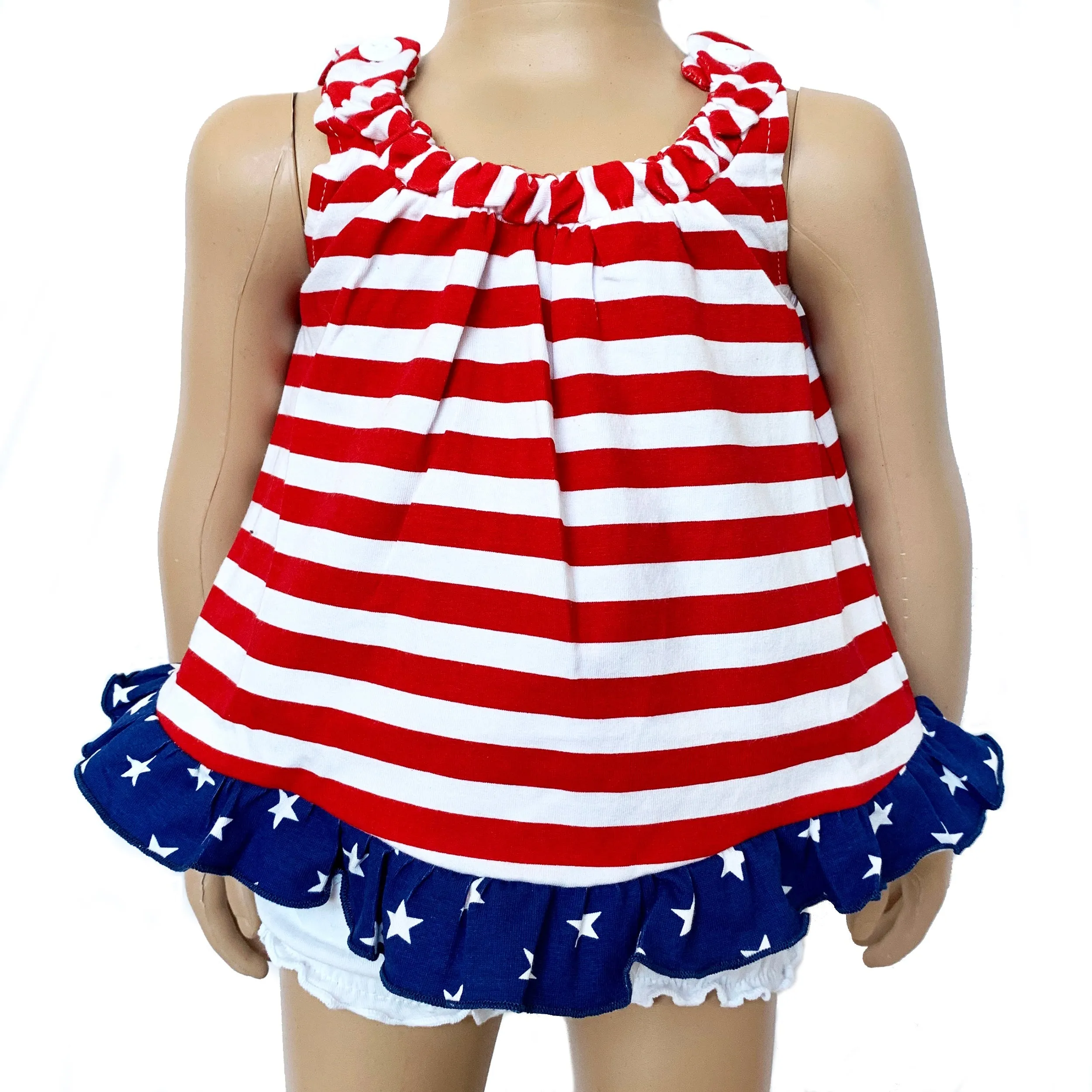 AnnLoren Baby Big Girls 4th of July Swing Stripes Stars Tank Top with Ruffle Trim and Bow