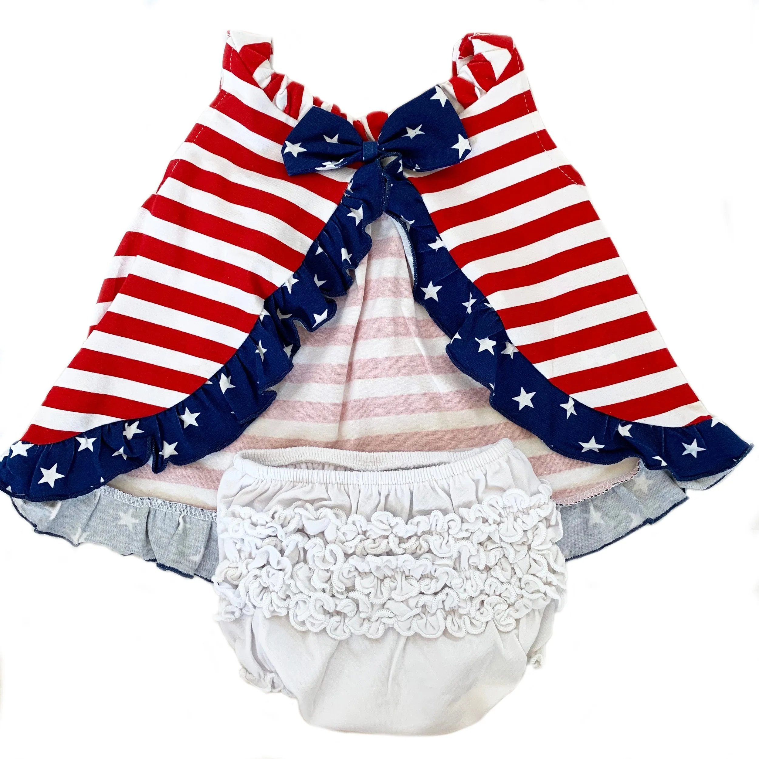 AnnLoren Baby Big Girls 4th of July Swing Stripes Stars Tank Top with Ruffle Trim and Bow