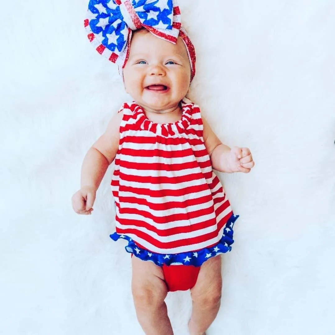 AnnLoren Baby Big Girls 4th of July Swing Stripes Stars Tank Top with Ruffle Trim and Bow