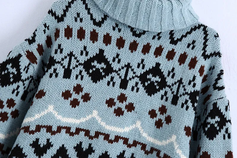Argyle Pattern Christmas Tree High-collar Sweaters Mini Dresses