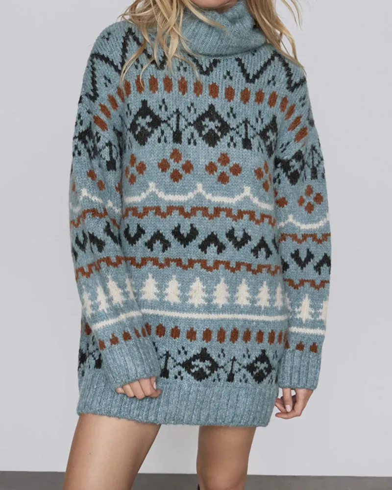 Argyle Pattern Christmas Tree High-collar Sweaters Mini Dresses