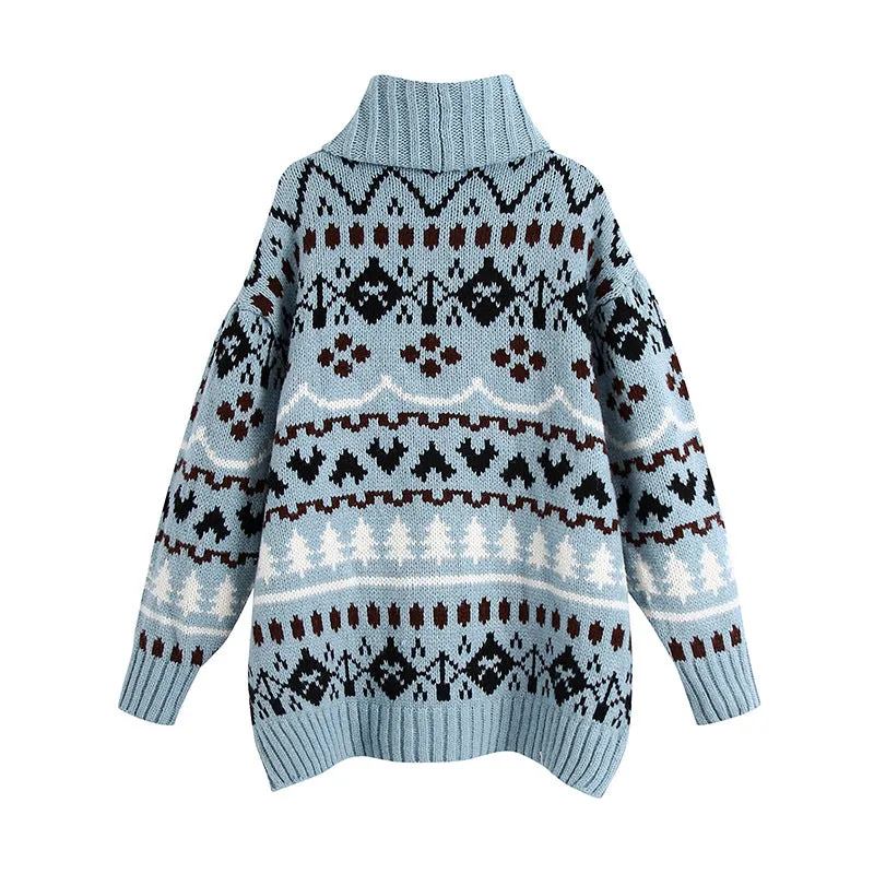 Argyle Pattern Christmas Tree High-collar Sweaters Mini Dresses