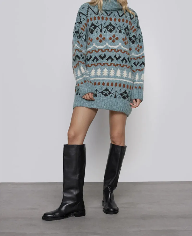 Argyle Pattern Christmas Tree High-collar Sweaters Mini Dresses