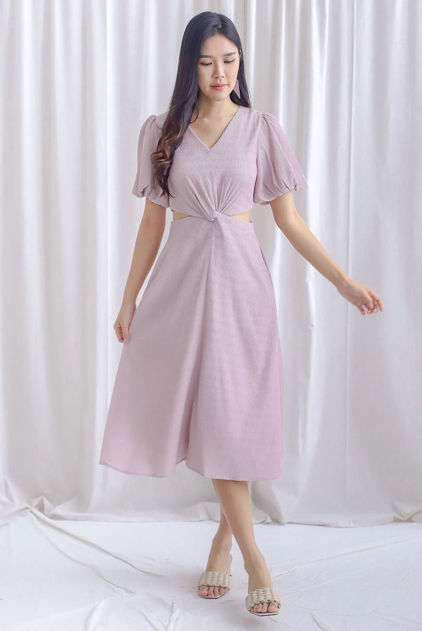 Bea Puffy Sleeve Knot Cut Out Midi Dress In Blush