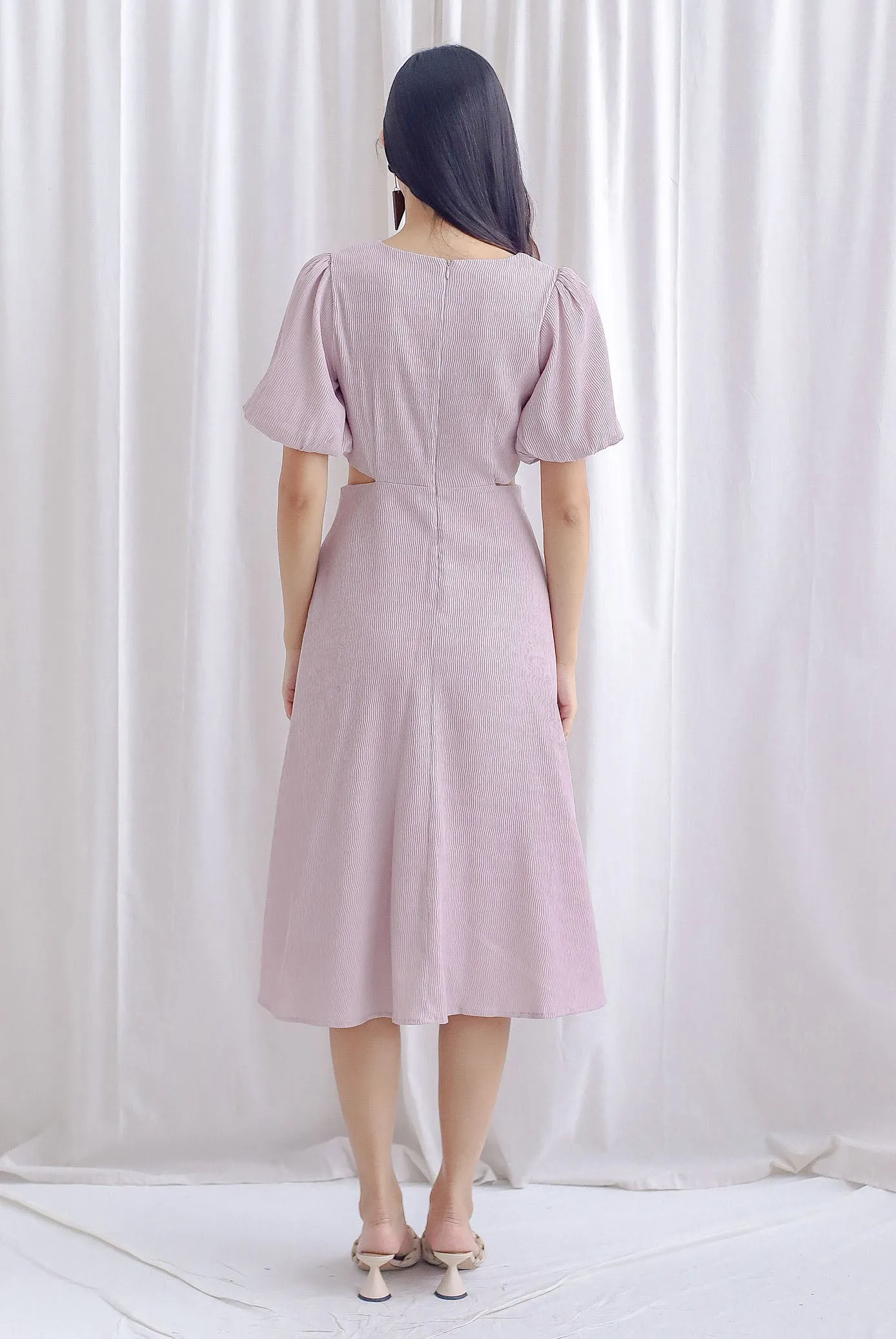 Bea Puffy Sleeve Knot Cut Out Midi Dress In Blush