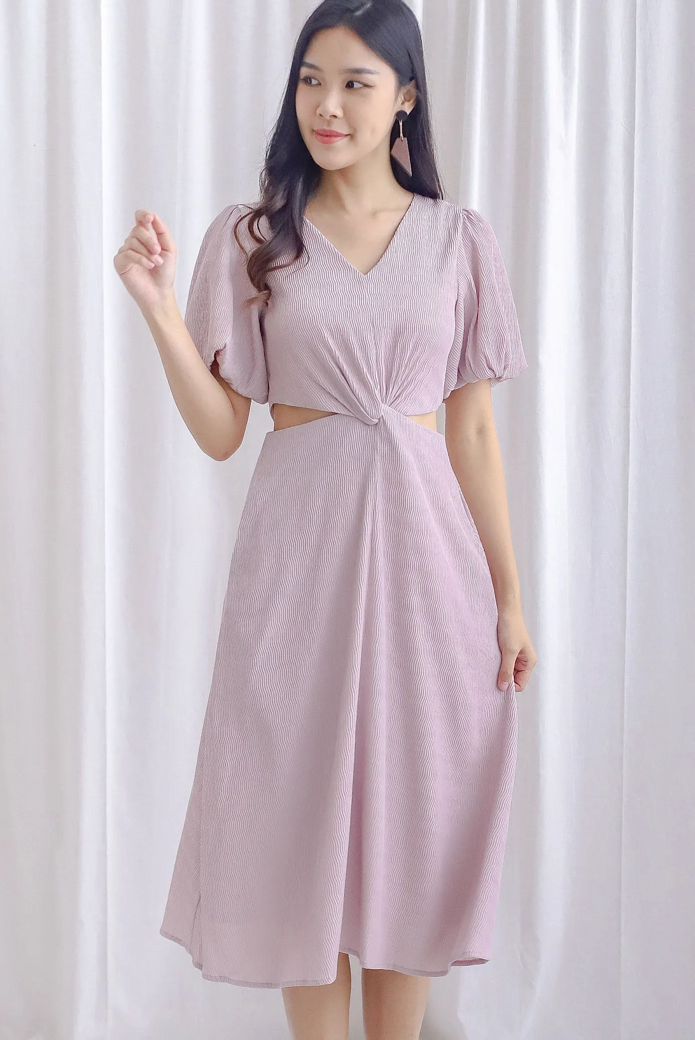 Bea Puffy Sleeve Knot Cut Out Midi Dress In Blush