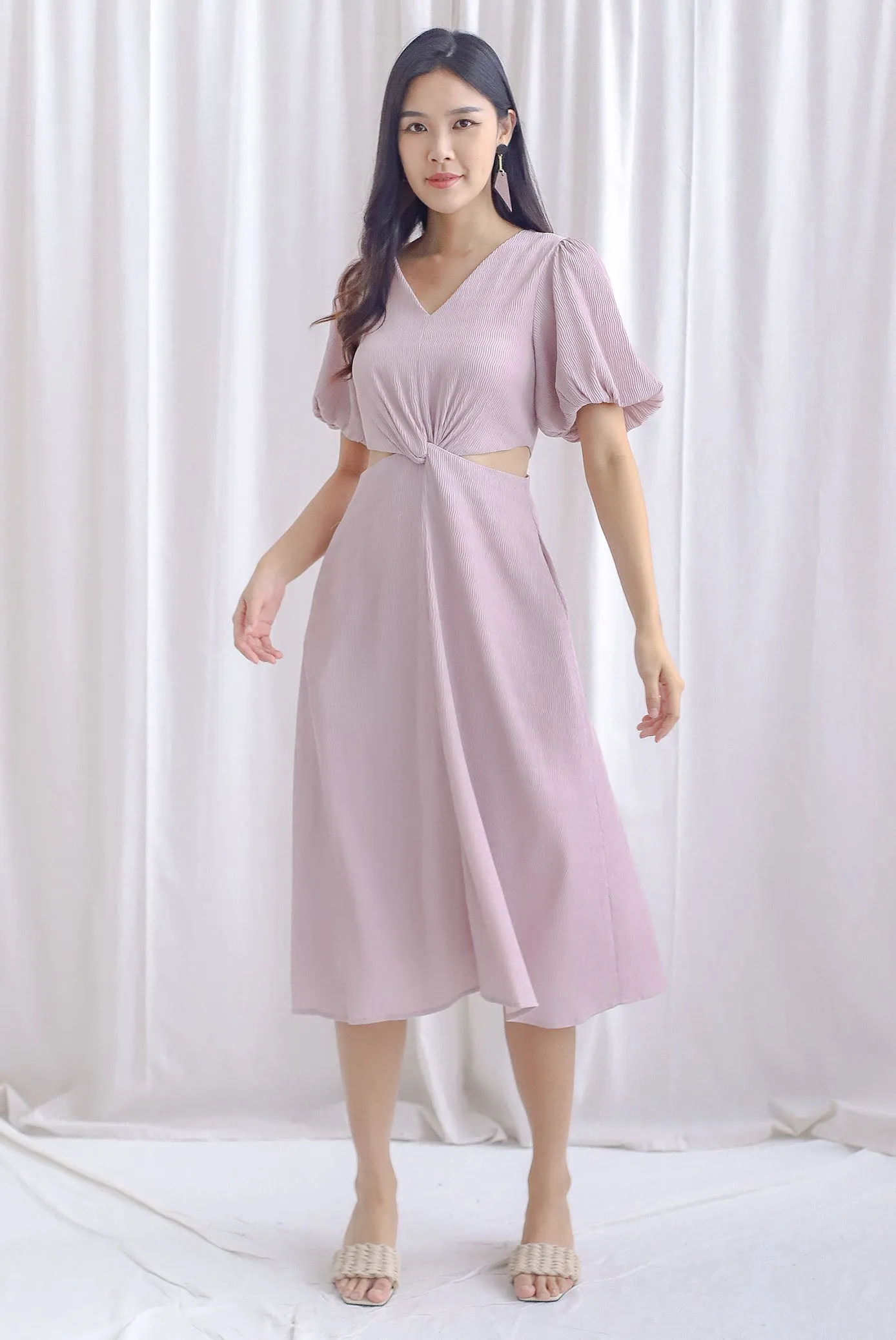 Bea Puffy Sleeve Knot Cut Out Midi Dress In Blush