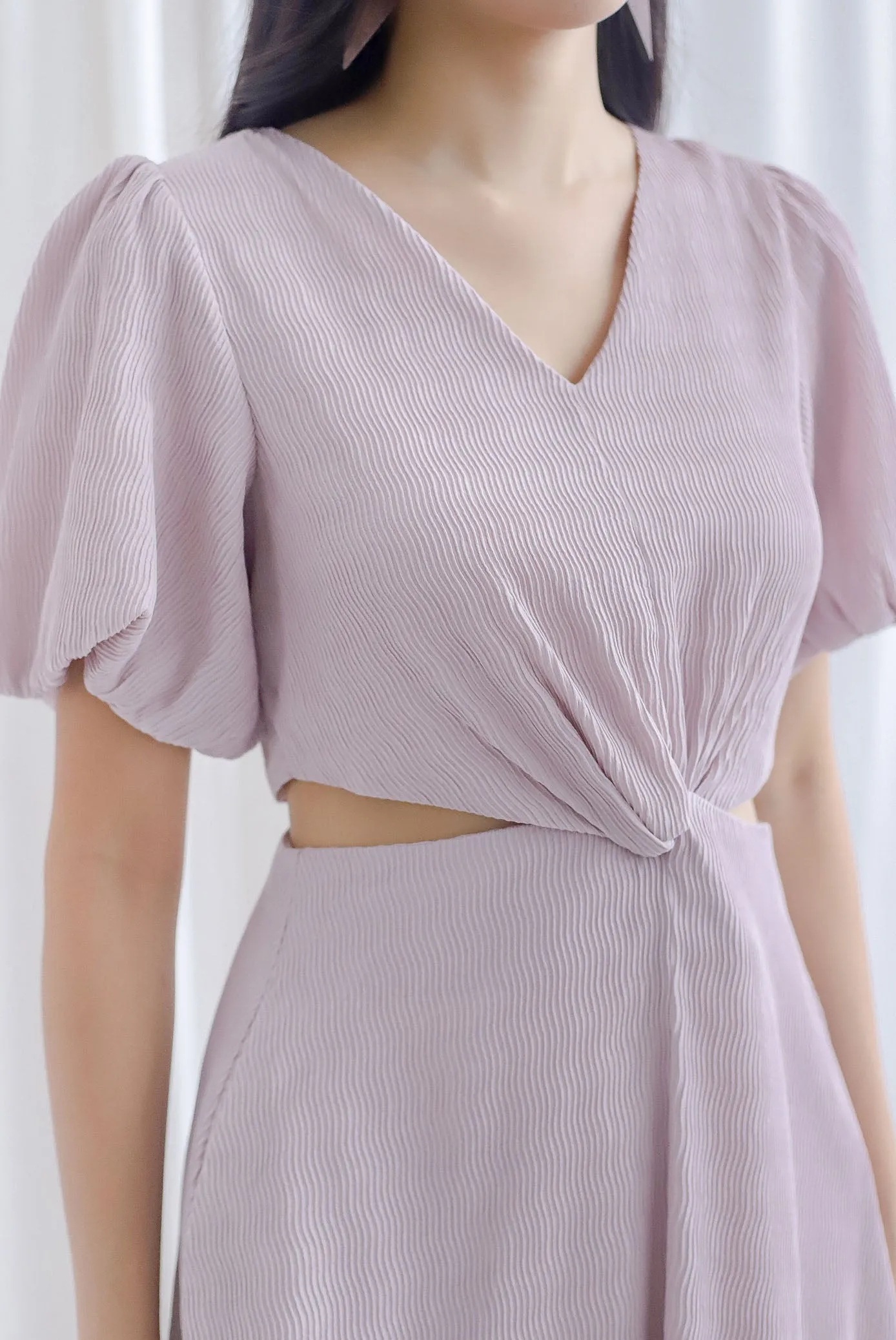 Bea Puffy Sleeve Knot Cut Out Midi Dress In Blush