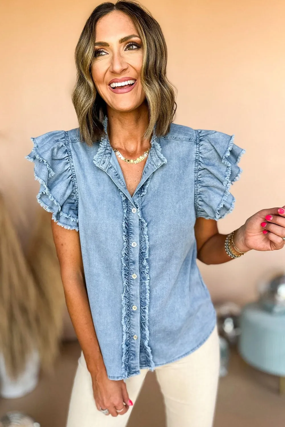 Beau Blue Button Denim Top
