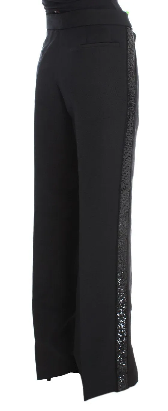 Black Cashmere Sequined Wide Legs Pants
