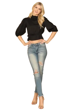 Black Ruffle Neck Puff Sleeve Cinch Waist Satiny Crop Top - Pack of 5