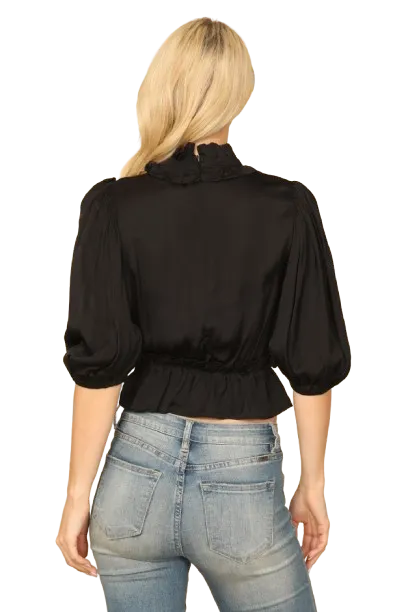 Black Ruffle Neck Puff Sleeve Cinch Waist Satiny Crop Top - Pack of 5