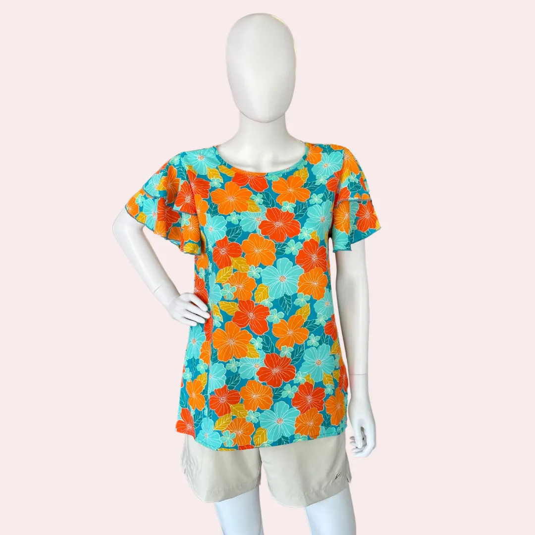 Blue/Orange ruffle sleeve  floral top
