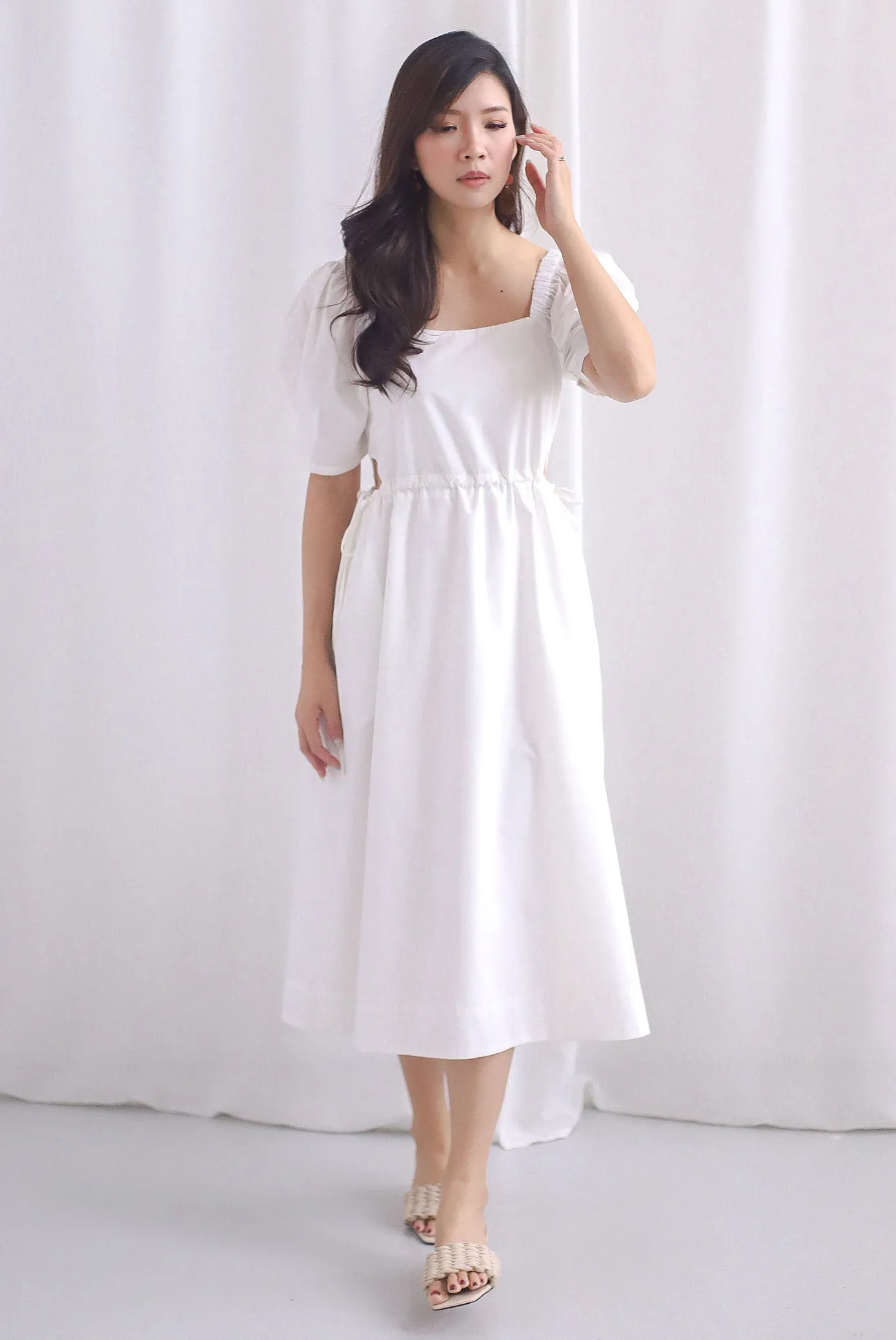 Brindle Cut Out Drawstring Dress In White
