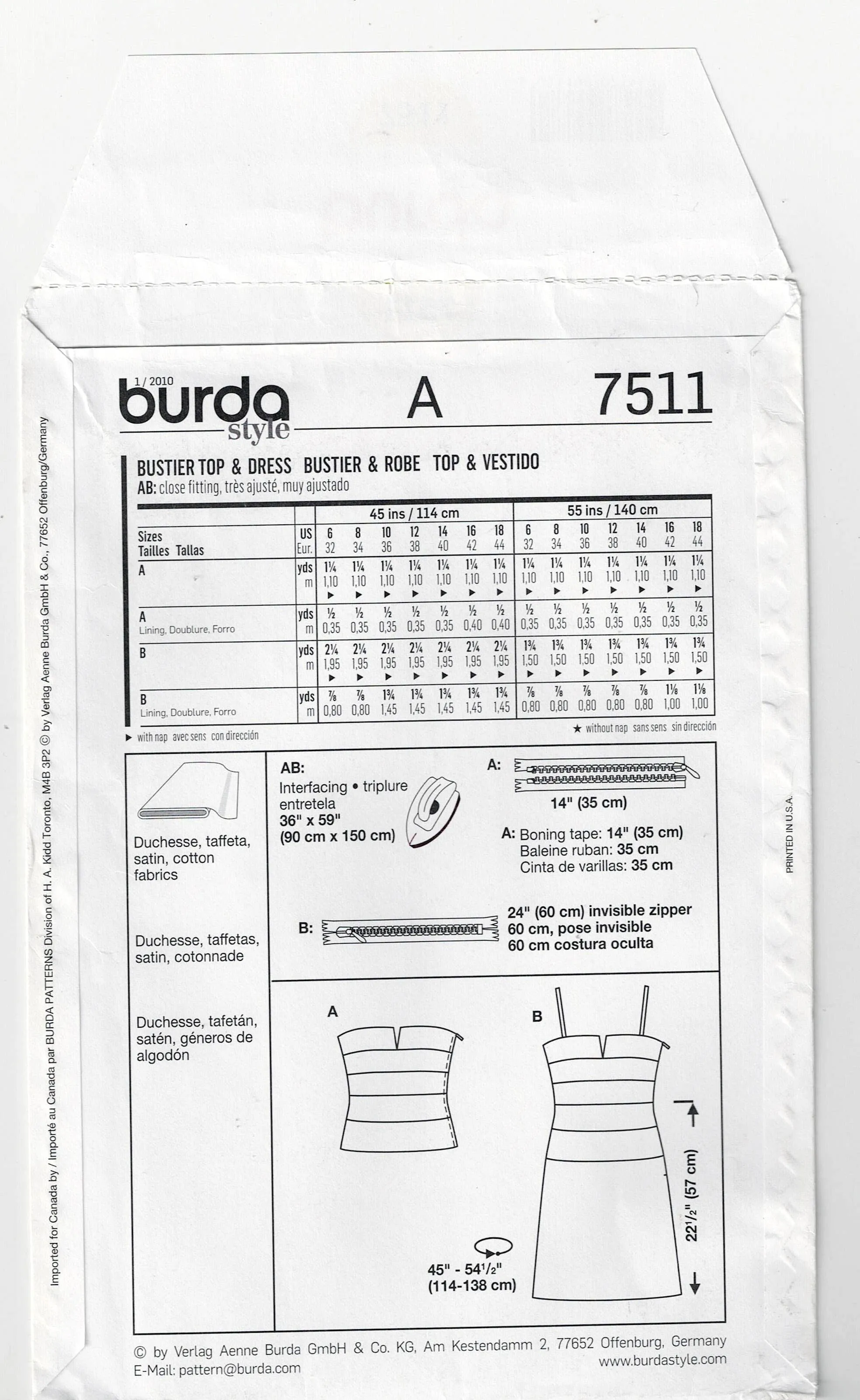 Burda Style 7511 Womens Bustier Top & Dress Out Of Print Sewing Pattern Sizes 6 - 18 UNCUT Factory Folded