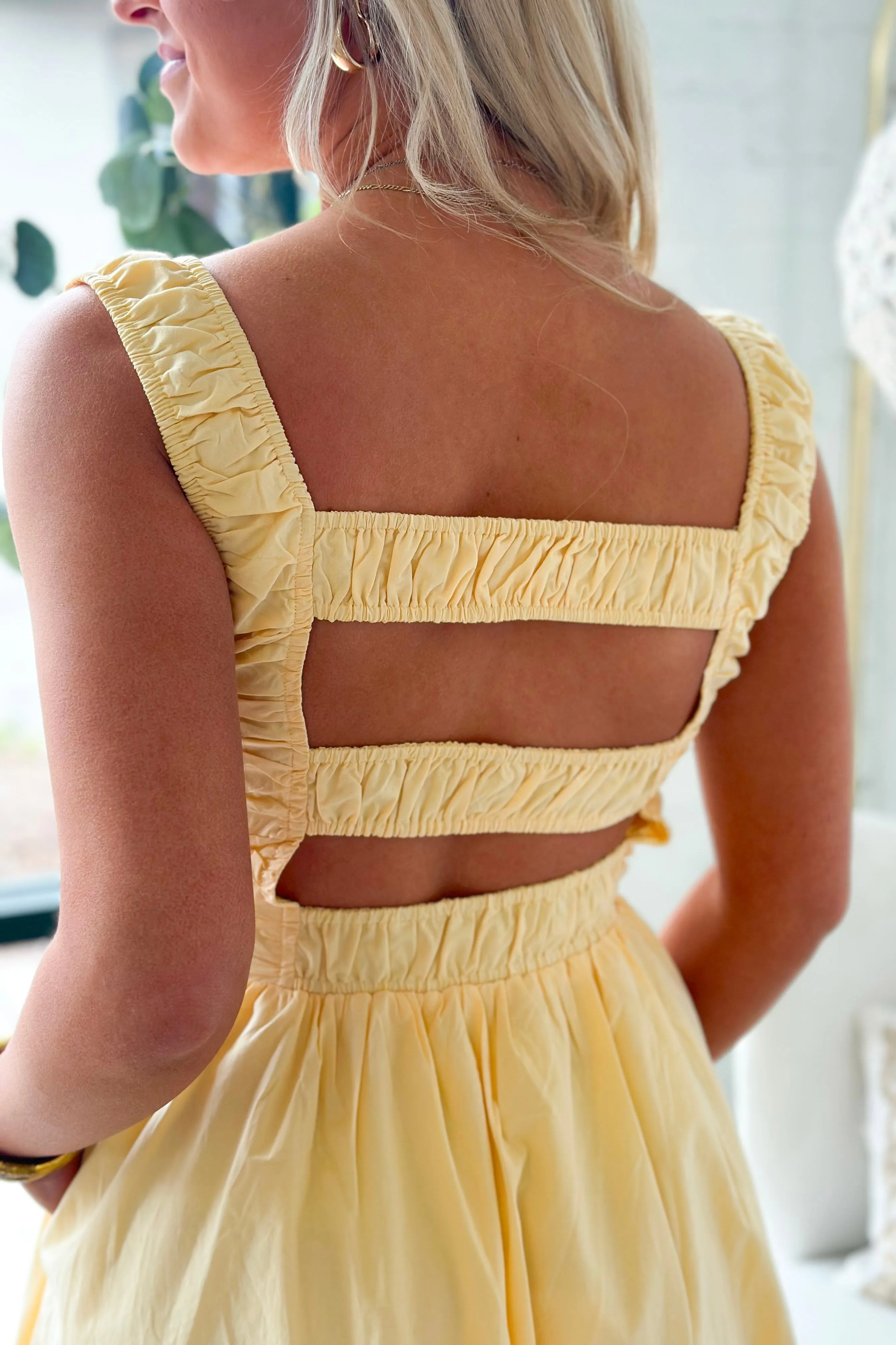 Butter Yellow Smocked Cut Out Back Midi Dress