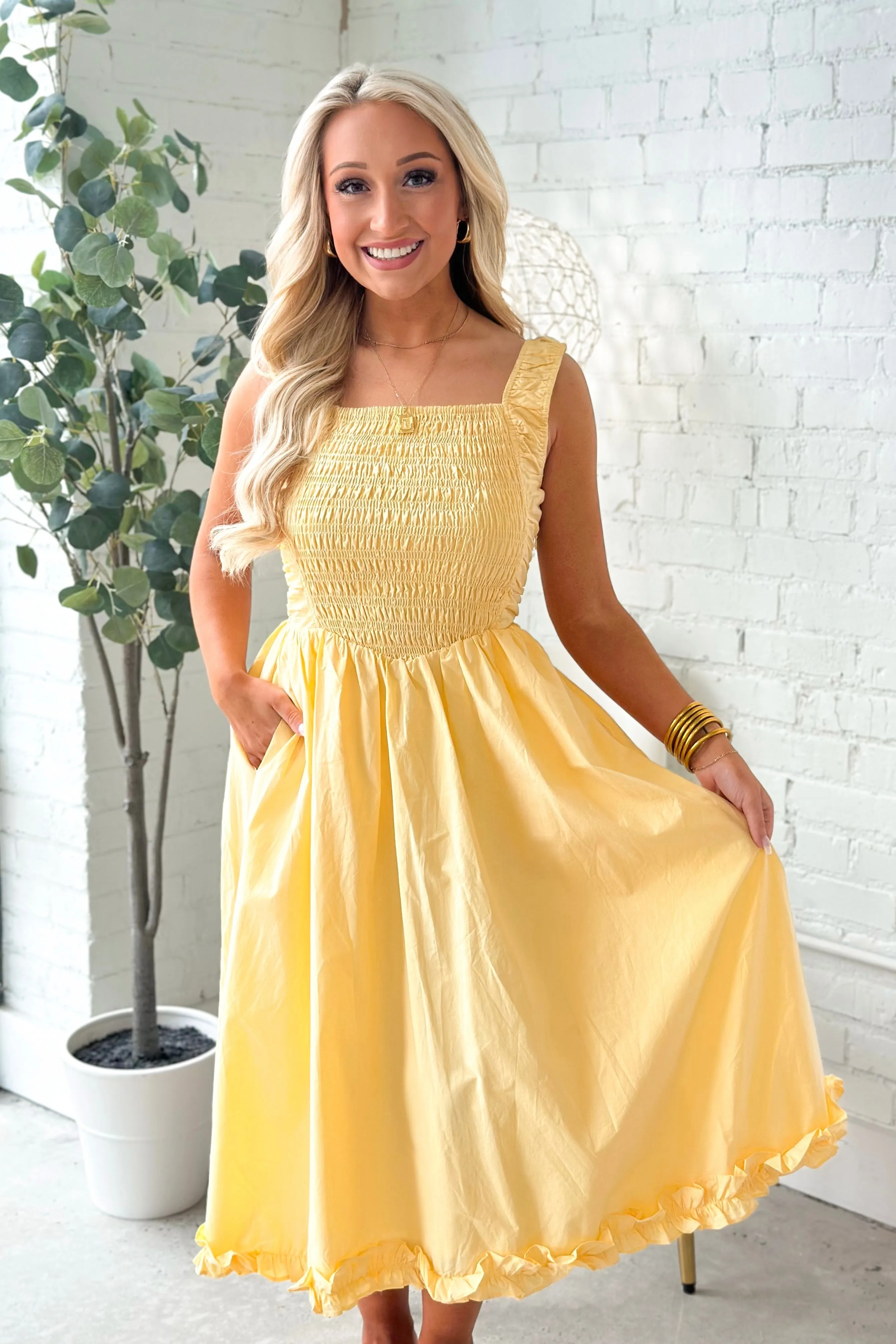 Butter Yellow Smocked Cut Out Back Midi Dress