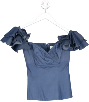 Caroline Constas Blue Denim Look Ruffle Sleeve Top UK XS