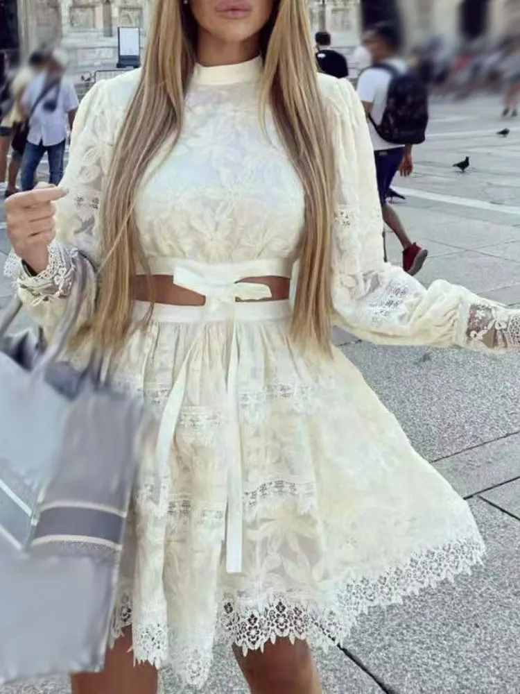 Casual Lace Panel Cut Out Dress For Women Stand Collar