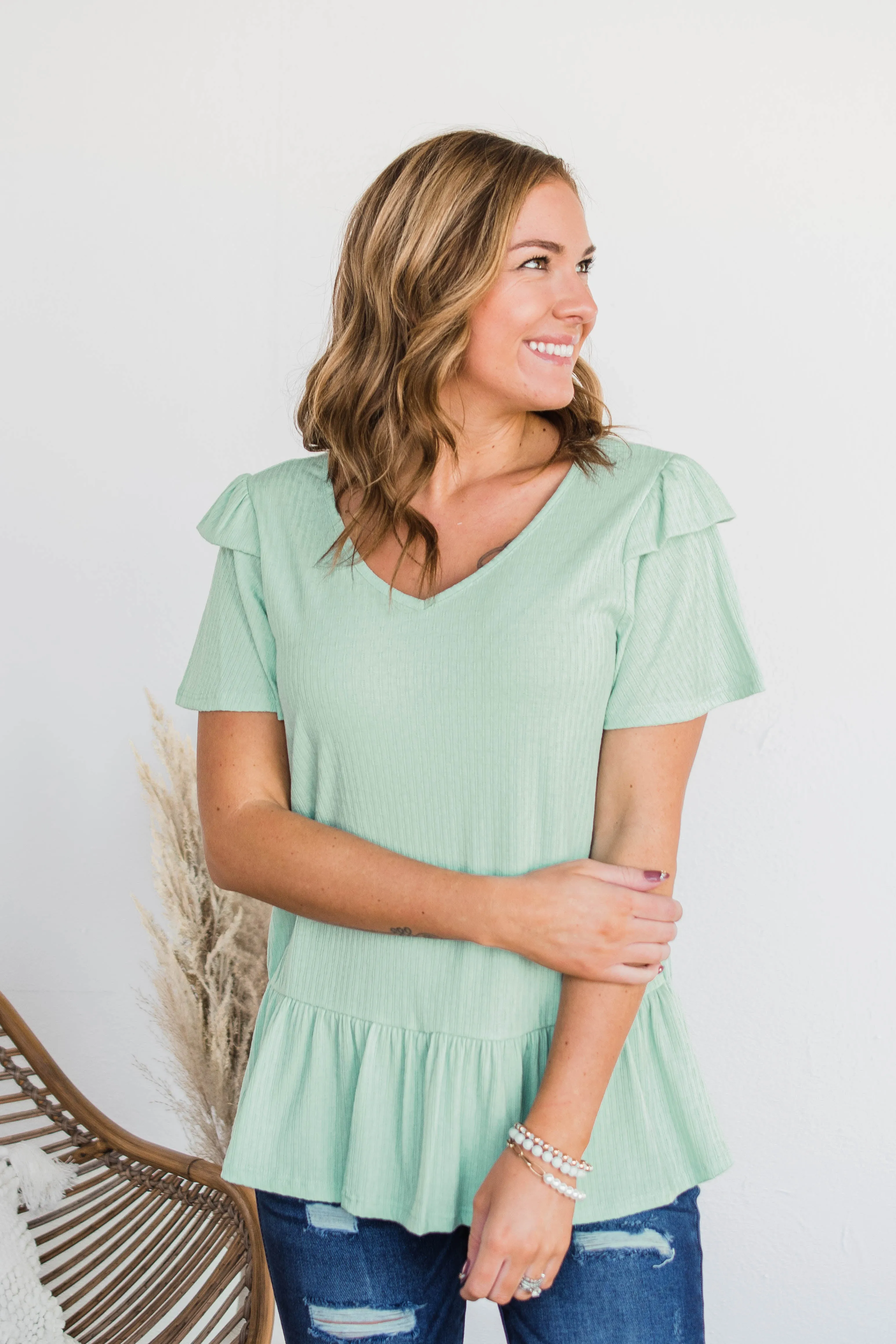 Change My Ways Ruffle Sleeve Top- Mint