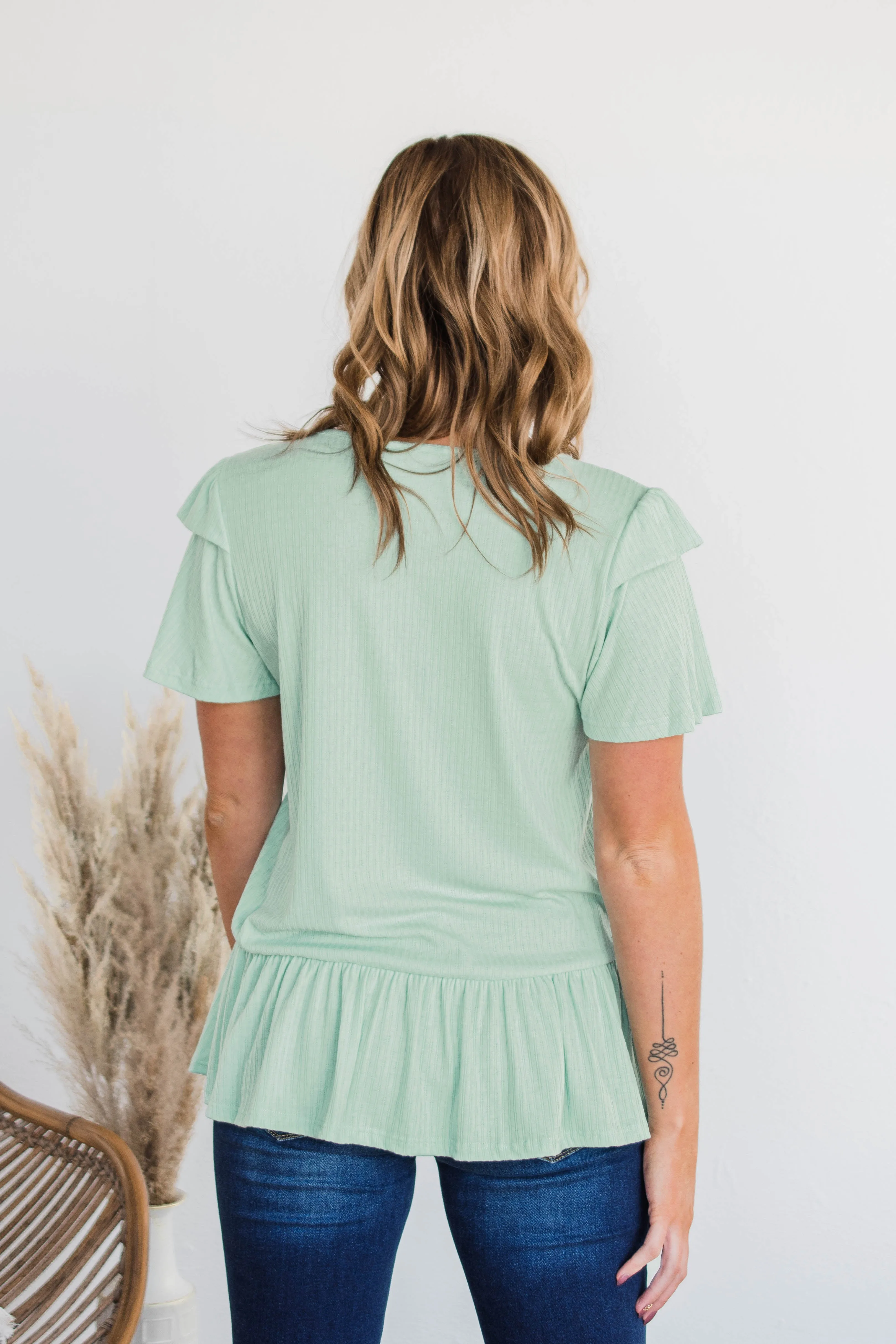 Change My Ways Ruffle Sleeve Top- Mint