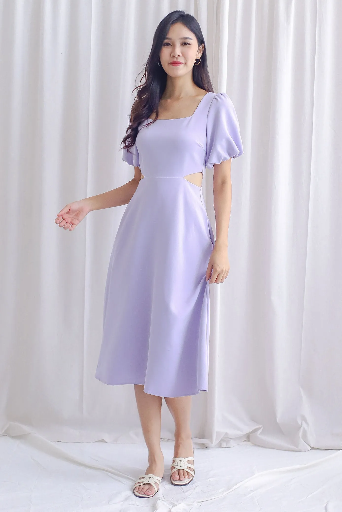 Chantel Sleeved Cut Out Waist Midi Dress In Lilac
