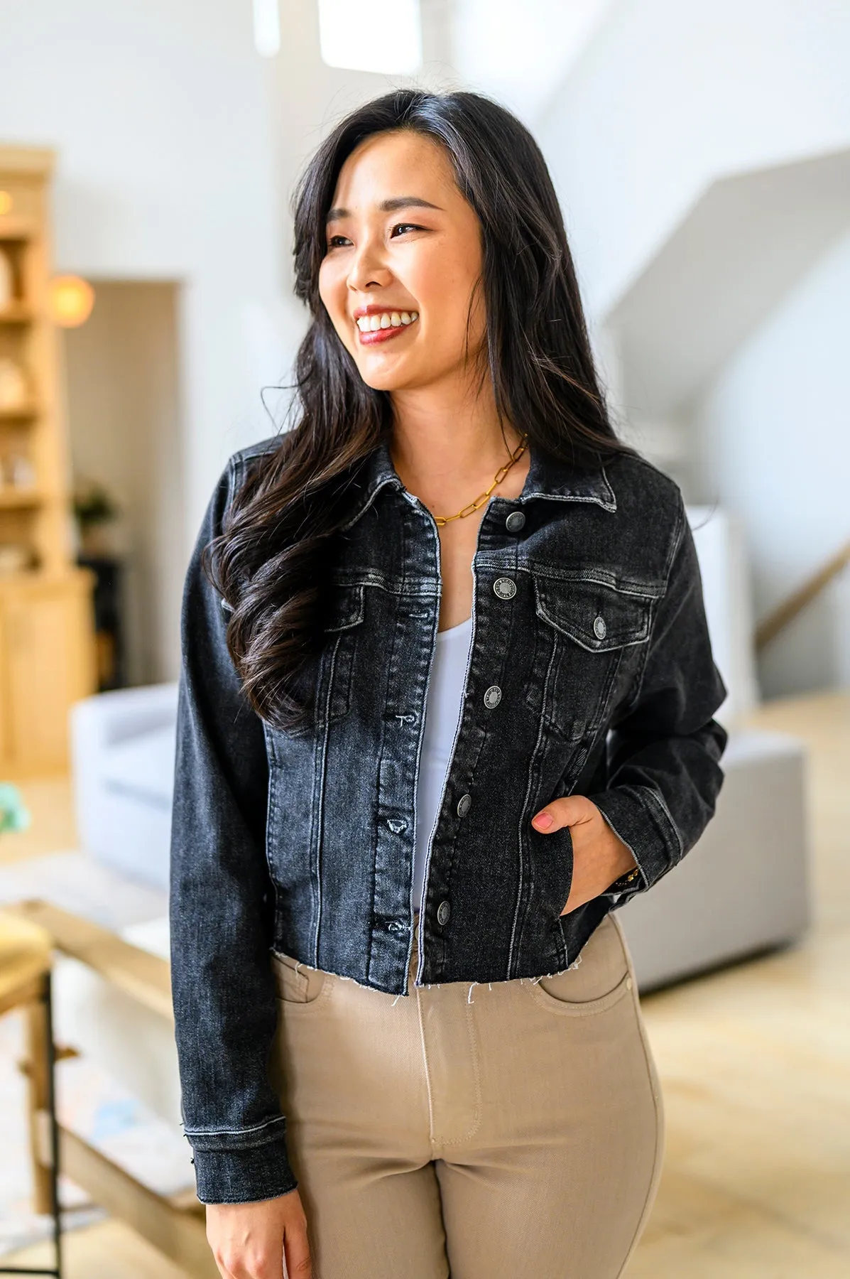 Charlie Cropped Denim Jacket in Washed Black by Judy Blue