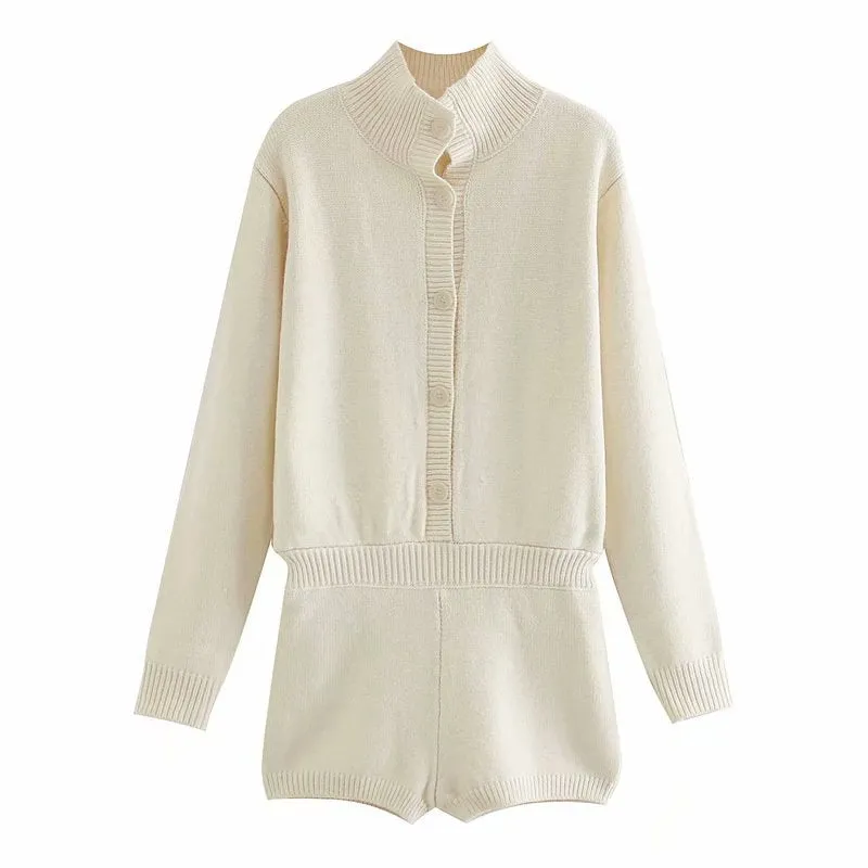 Comfy Single-breasted Knitting Jumpsuit Loungewear