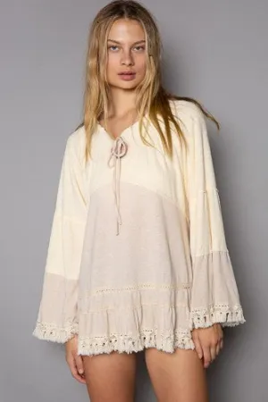 Cream Flowy Contrast Ruffle Hem Top