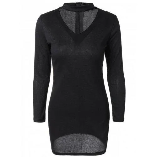 Cut Out Long Sleeve Mini Sweater Dress - Black Xl