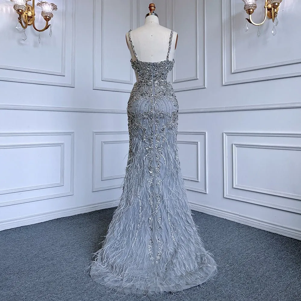 Cut Out Luxury Beaded Feather Dress Evening Gowns