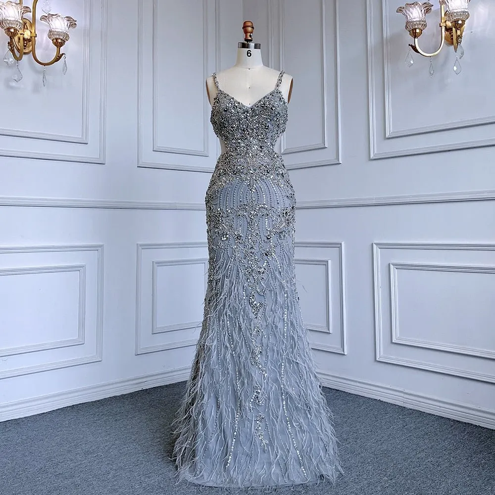 Cut Out Luxury Beaded Feather Dress Evening Gowns