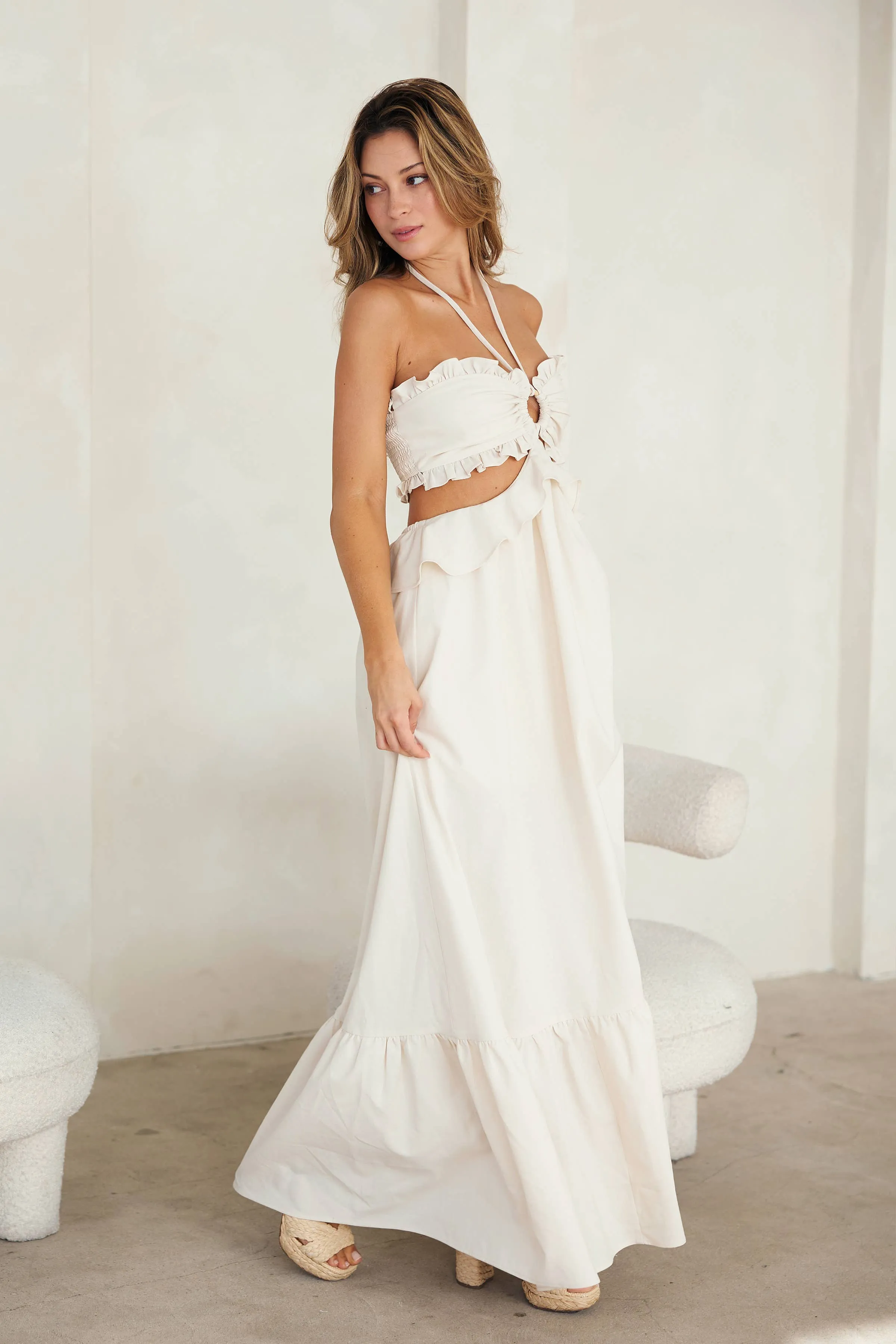 Cut-Out Ruffled Maxi Halter Dress