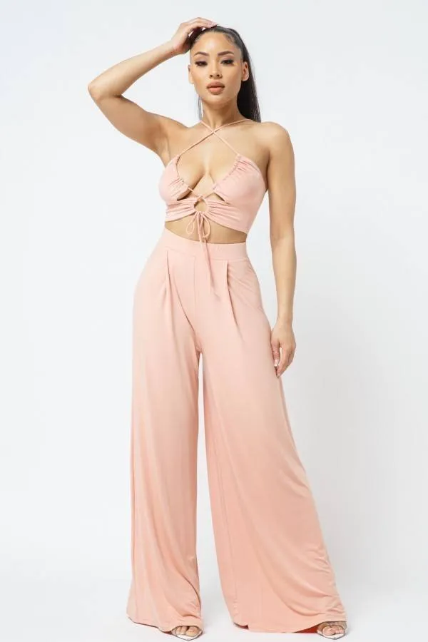 Cut Out With Key Hole Spaghetti Strap Top With Wide Pants Set