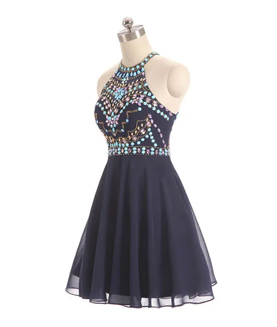 Dark blue beads short prom dress, cute dark blue homecoming dress