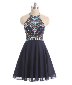 Dark blue beads short prom dress, cute dark blue homecoming dress