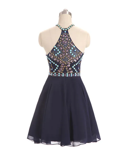 Dark blue beads short prom dress, cute dark blue homecoming dress