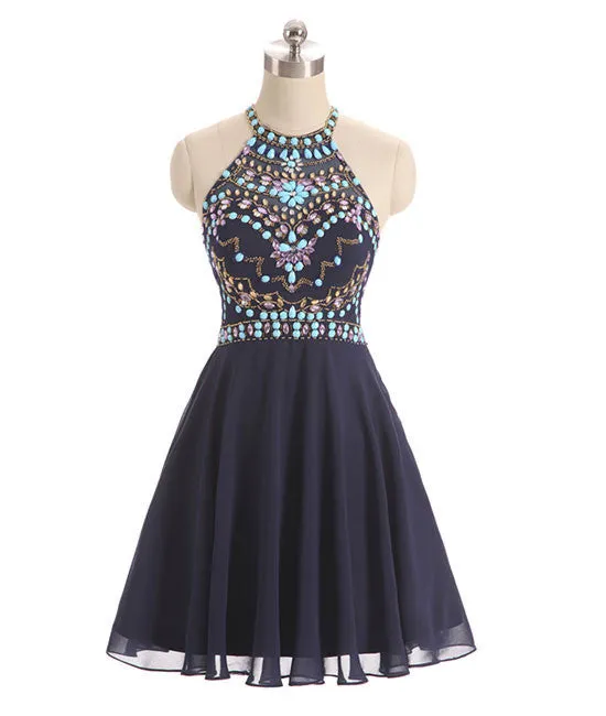 Dark blue beads short prom dress, cute dark blue homecoming dress