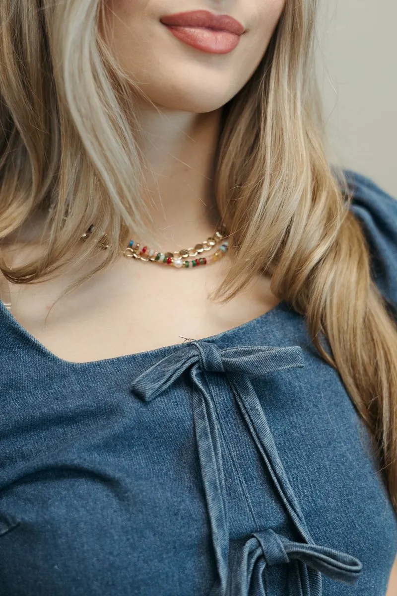 Denim Bow Detail Peplum Square Neck Blouse T24227