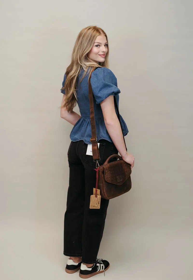 Denim Bow Detail Peplum Square Neck Blouse T24227