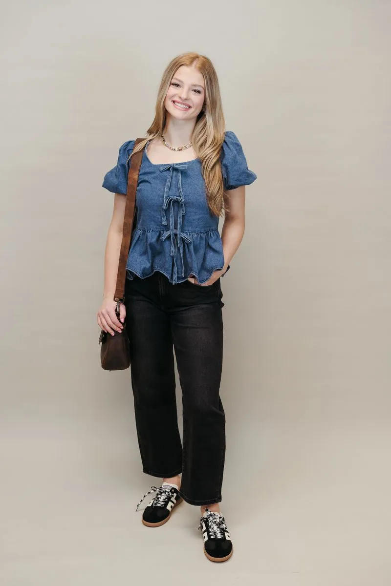 Denim Bow Detail Peplum Square Neck Blouse T24227