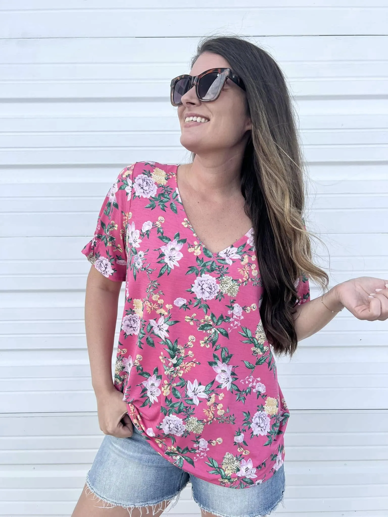 DOORBUSTER: Floral Ruffle Sleeve V-Neck Top - Fuchsia by Sew In Love (Ships in 2-3 Weeks)