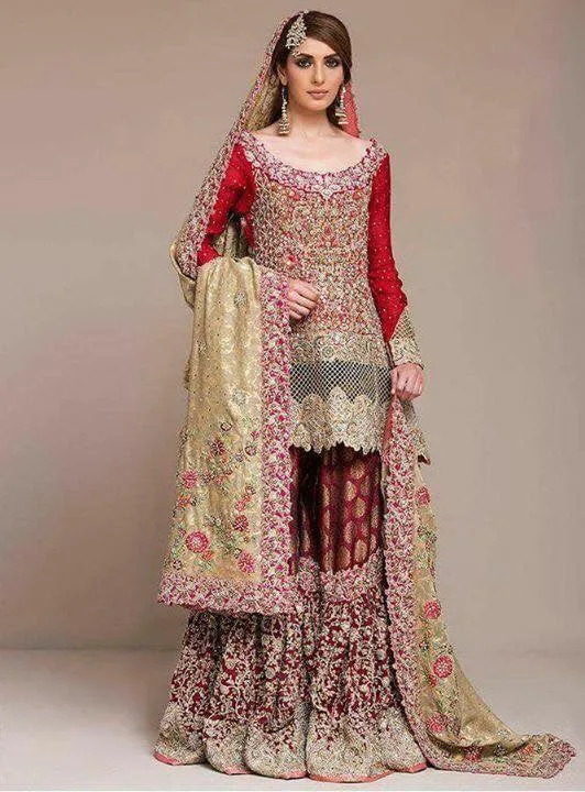 Dulhan red golden and maroon lahna with dabka nagh zari and cut work  Model#D 20