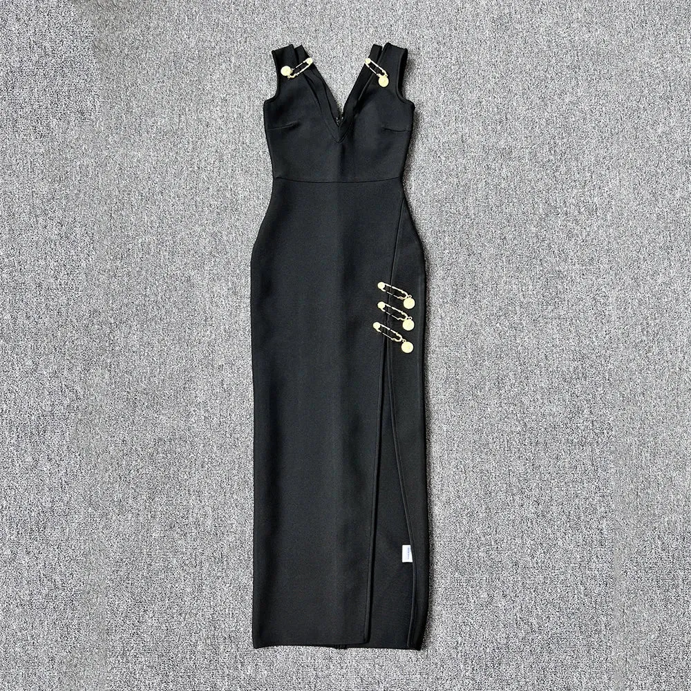 Elegant Bandage Dress New Fashion Sexy Sleeveless Bodycon Dress with Split Clubwear Party Midi Dresses