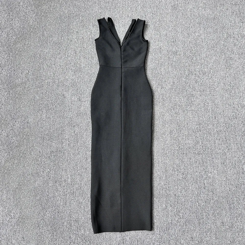 Elegant Bandage Dress New Fashion Sexy Sleeveless Bodycon Dress with Split Clubwear Party Midi Dresses