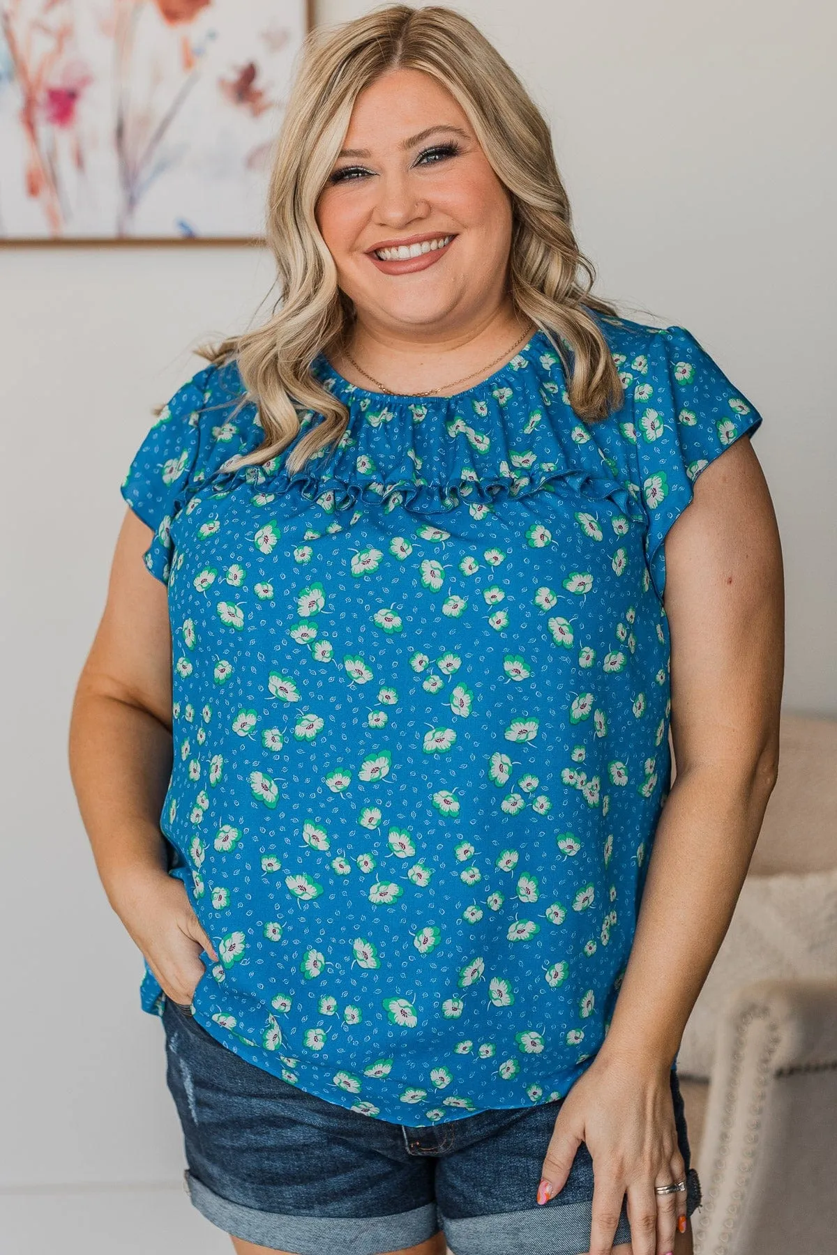 Embracing The New Floral Top- Dark Blue
